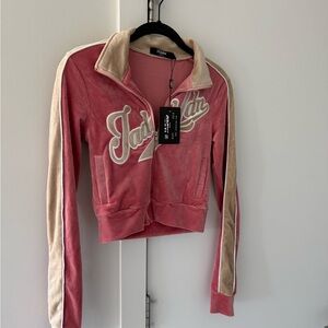 Jaded London Pink Velour Cropped Varsity Jacket with Cream Trim